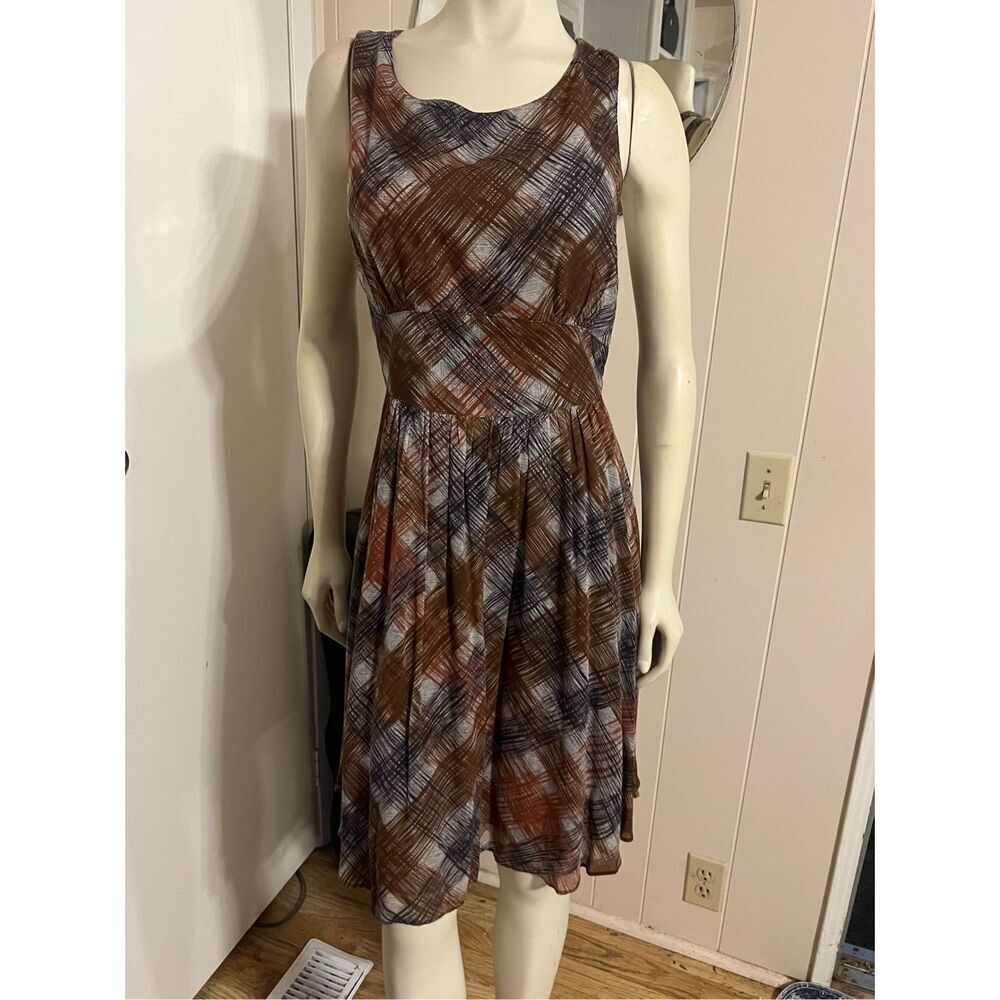 Anthropologie Maple Charming Strappy Brown Plaid Retro Sleeveless Dress With Ple